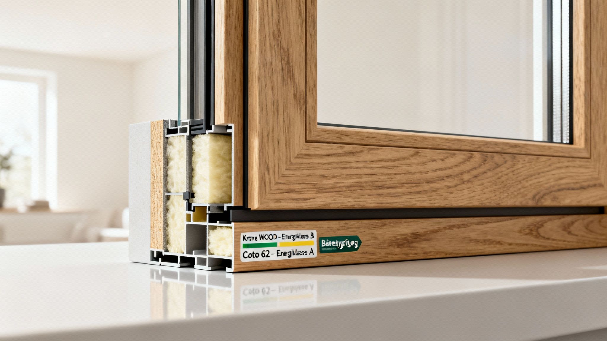 Nærbillede af et moderne trævindues tværsnit, der viser isolering, glas og energimærker.