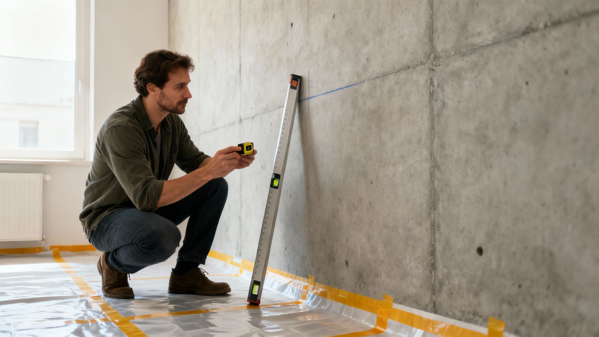 En mand måler en betonvæg med en lasermåler og vaterpas under renovering af et rum.