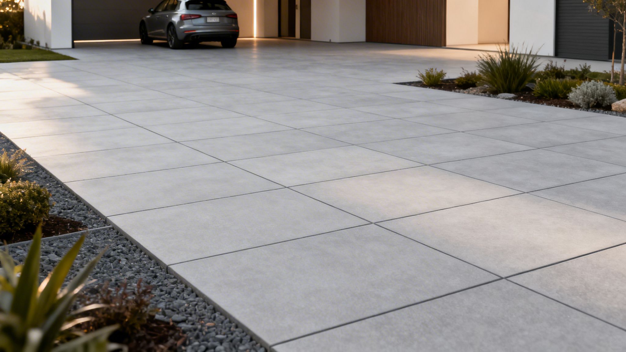 Moderne indkørsel med store grå fliser, der fører til en garage med en bil, omgivet af planter og grus.