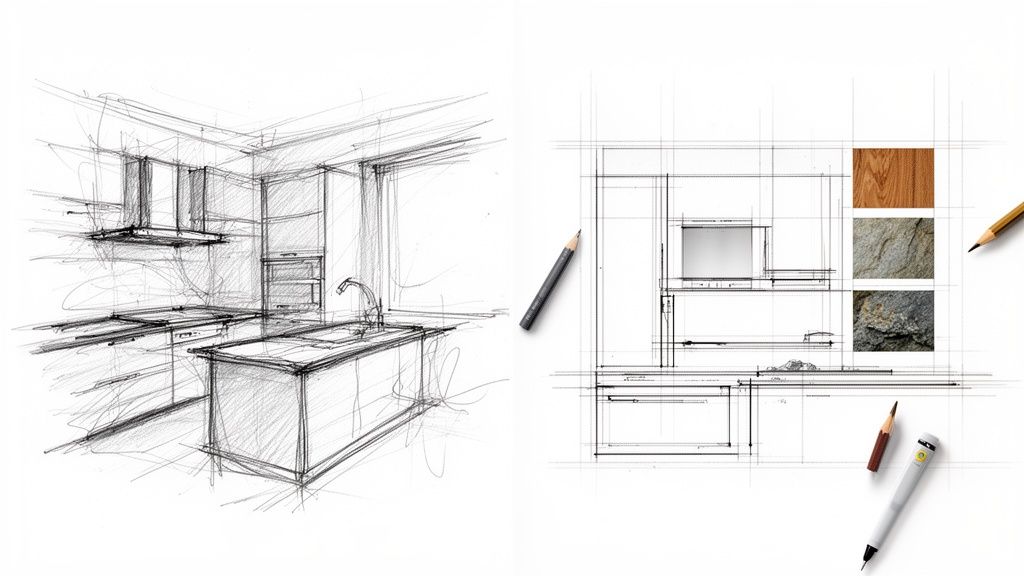 To køkken skitser med forskellige tegnestile, herunder en perspektivning og teknisk plan med materialeprøver.
