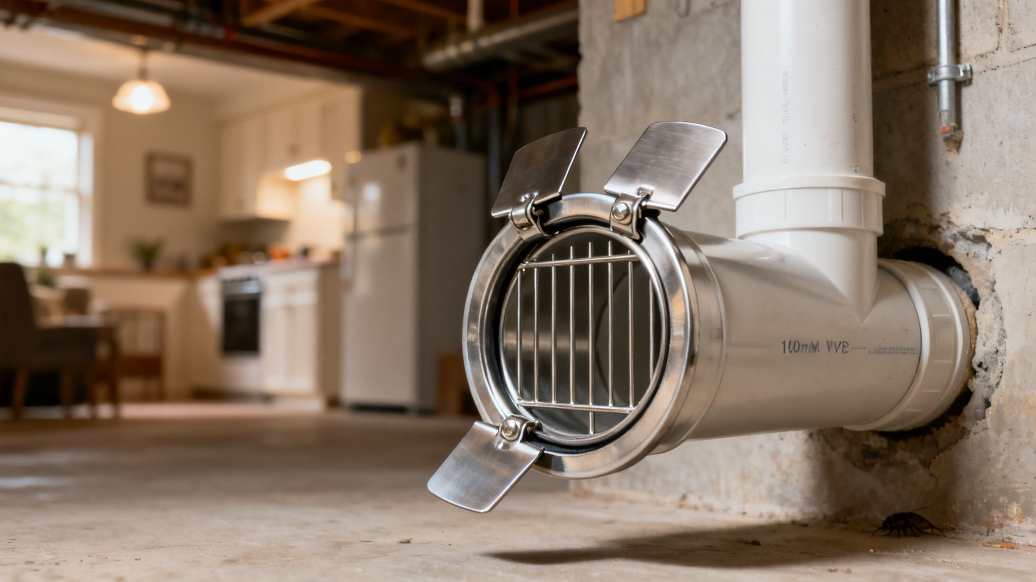 Rottespærre monteret i et 110 mm rør i betonvæg i kælder, med køkken i baggrunden.