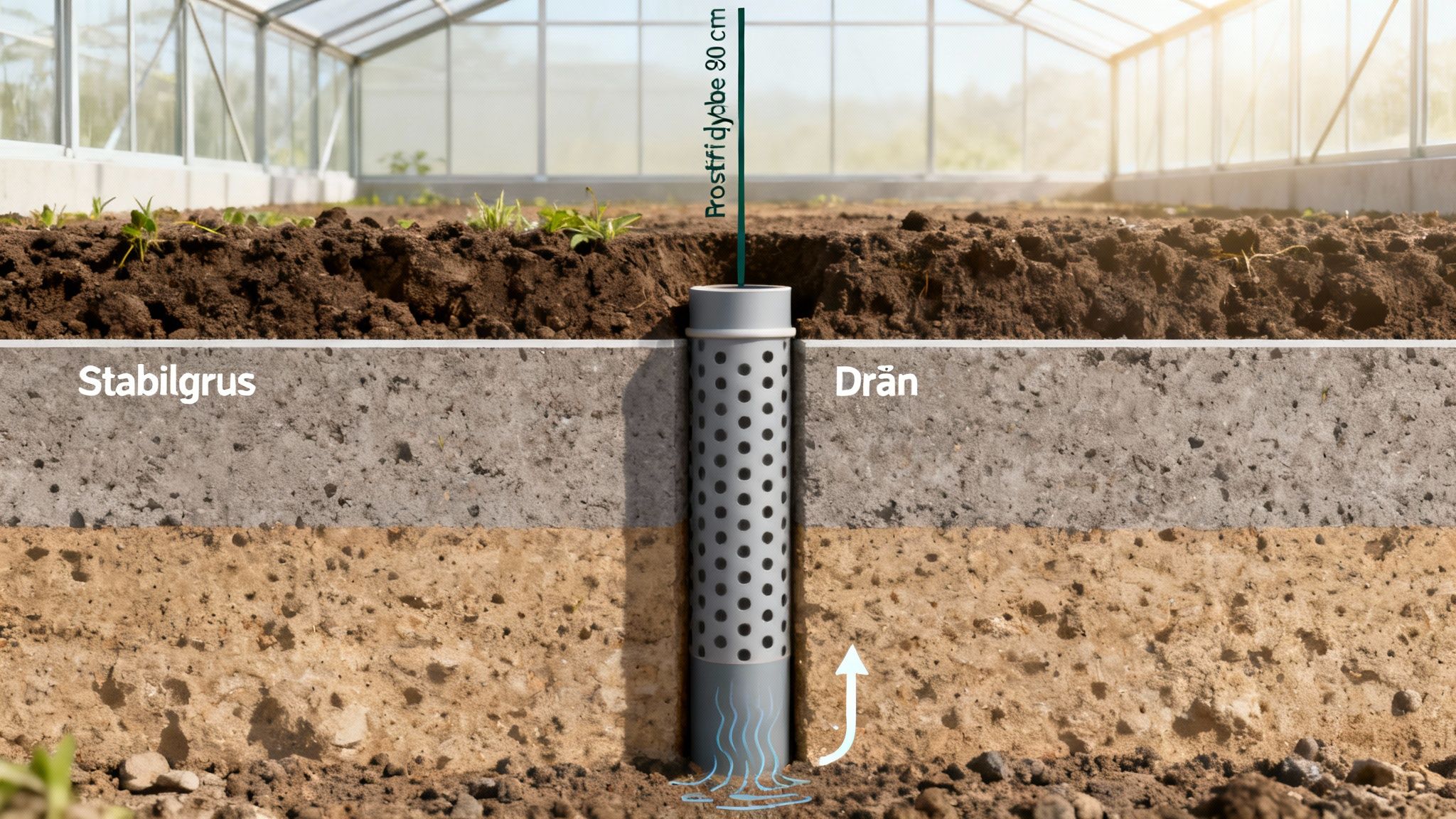 Tværsnit af drivhusfundament med jordlag, stabilgrus og drænrør, der viser frostfri dybde.