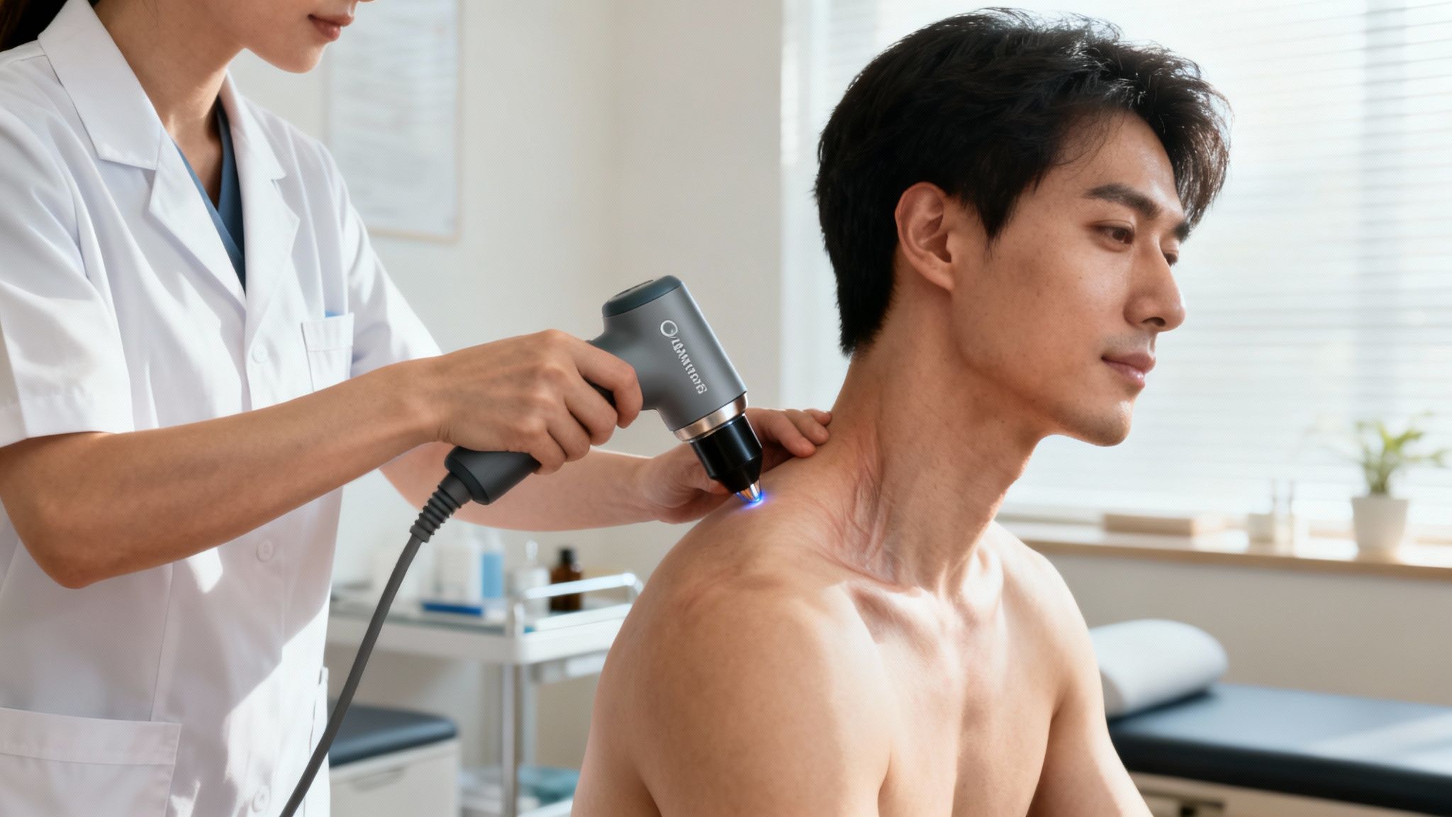 En professionel behandler en mands nakke og skulder med en medicinsk enhed.