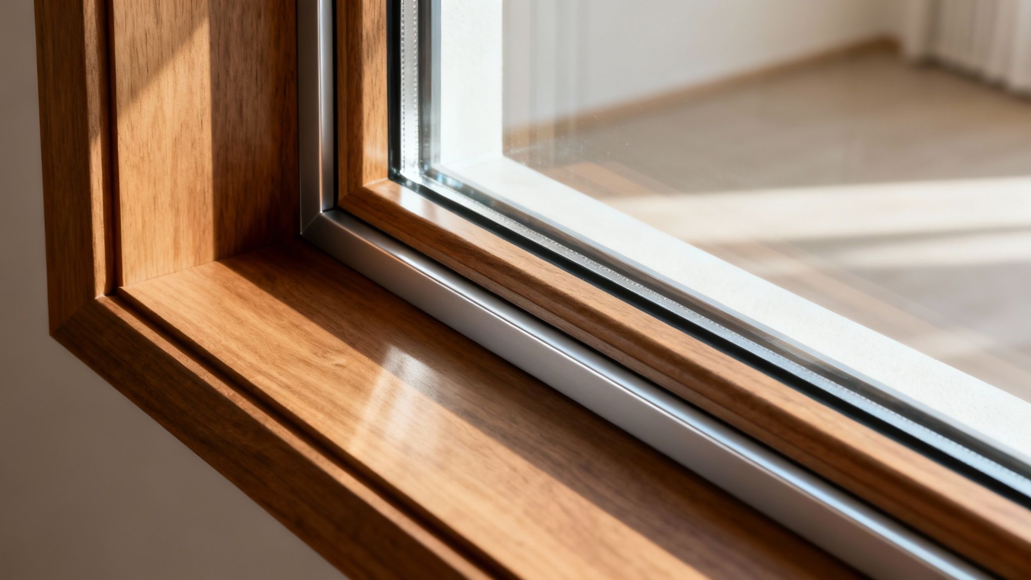 Nærbillede af et lyst trævindue med sollys, der skinner på rammen og udsigt til et rum med trægulv.