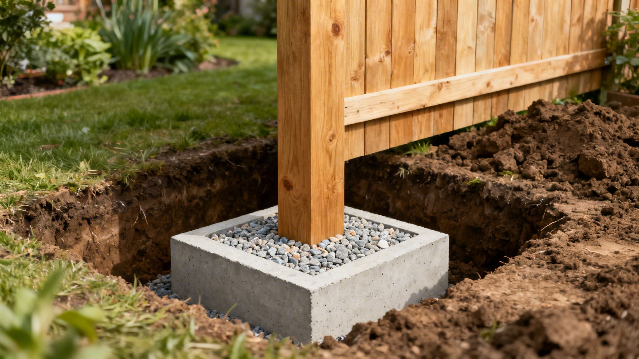 Træhegnspæl i et betonfundament med grus i en udgravning til et nyt havehegn i træ.
