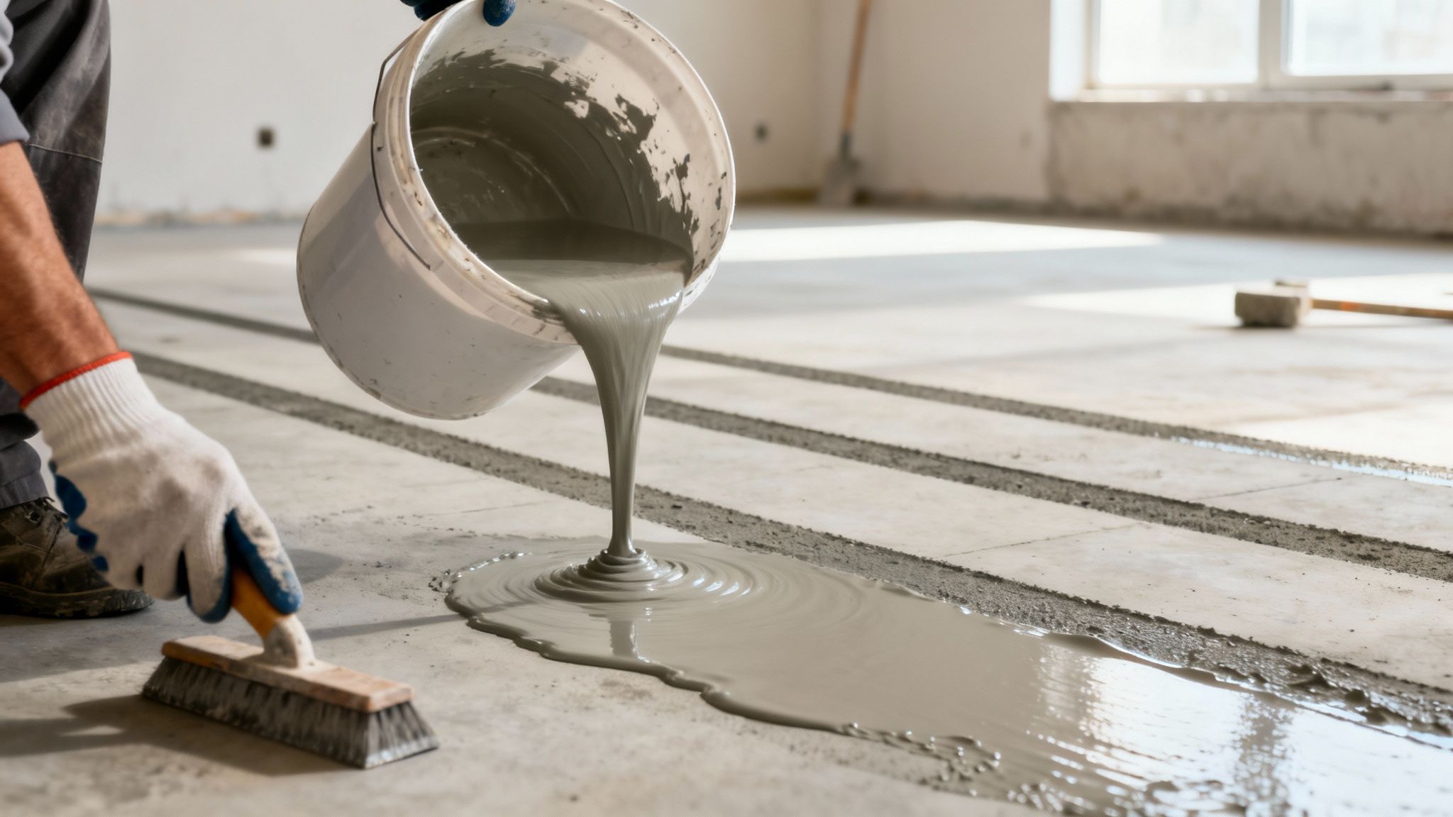 En person hælder selvnivellerende gulvspartelmasse på et gulv med forberedte riller under byggearbejde.