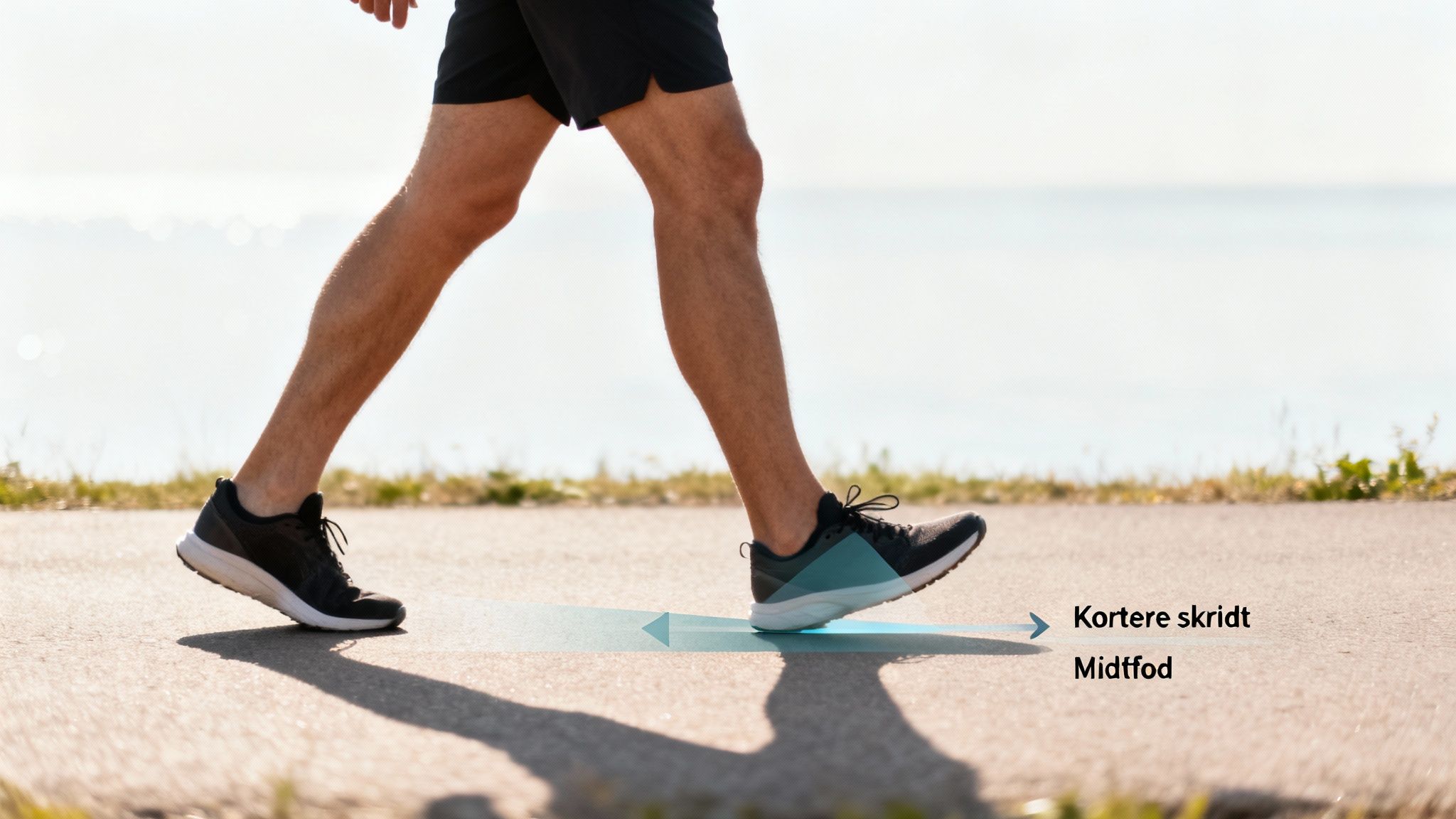 Nærbillede af en person, der går med en kortere skridtlængde og lander på midtfoden, med pile, der illustrerer teknikken.