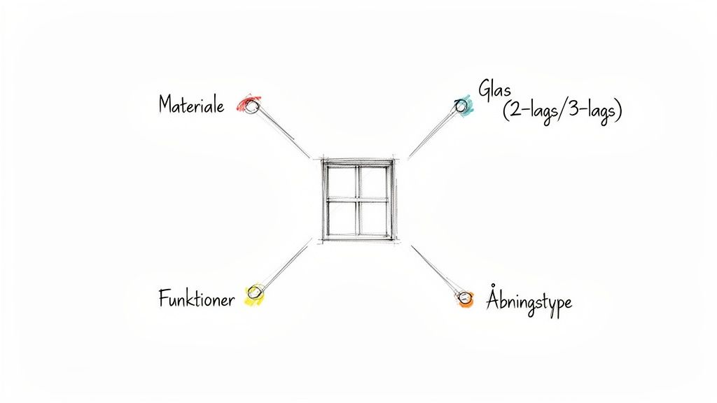 Diagram illustrerer fire nøglefaktorer, der påvirker et vindue: materiale, glas, funktioner og åbningstype.