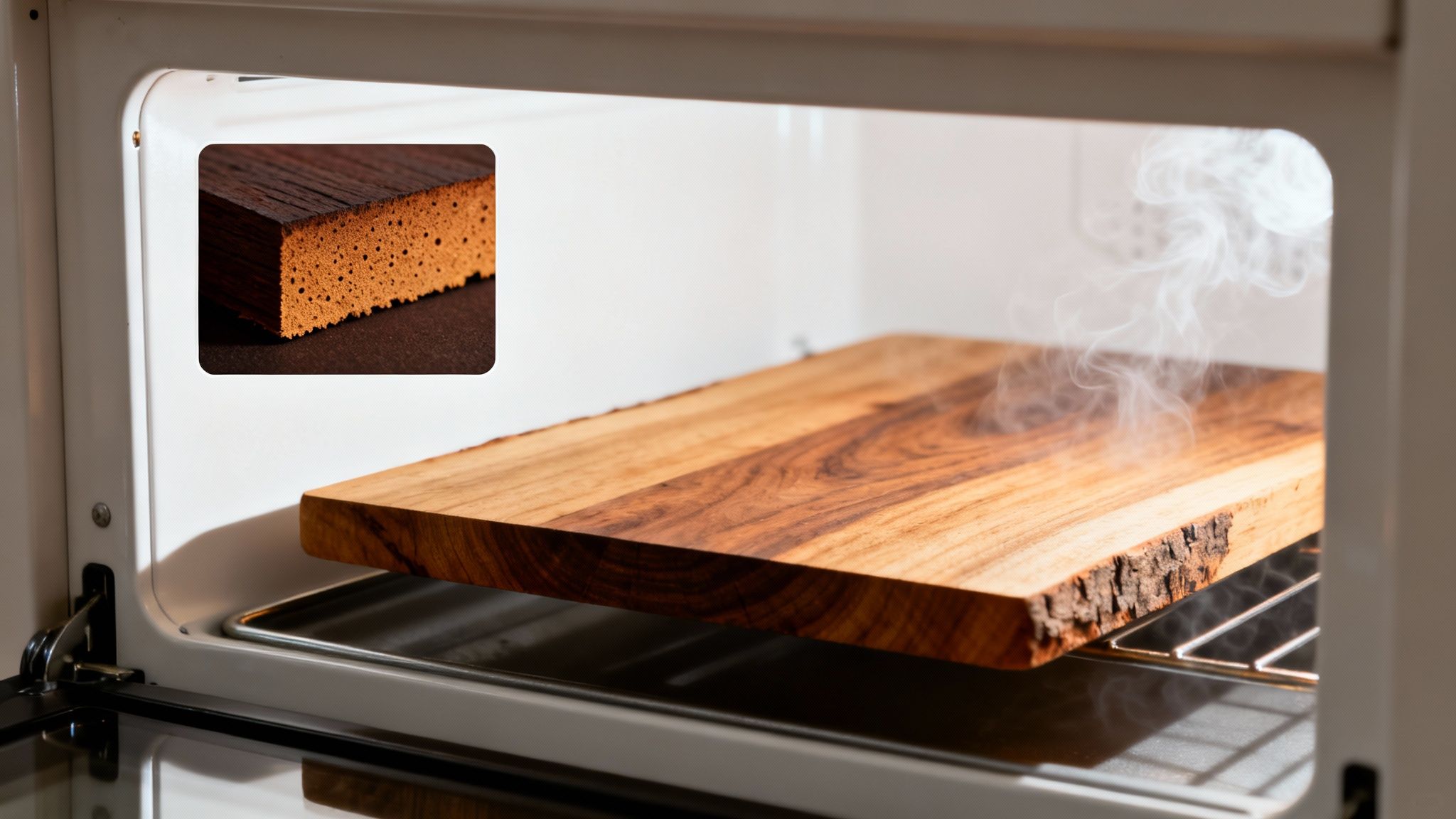 Et træbræt dampende i en ovn med et nærbillede af varmebehandlet træ.