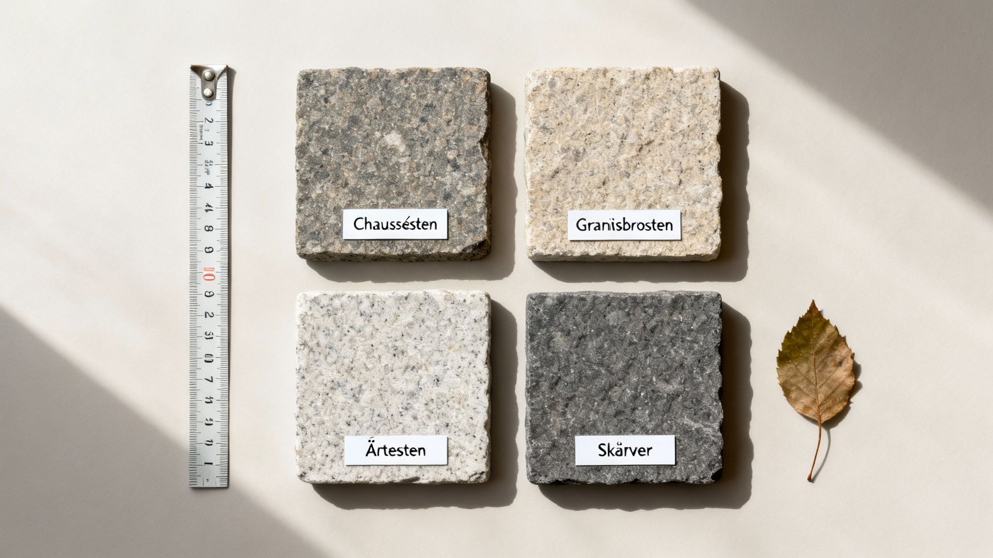 Fire forskellige typer stenprøver til indkørsel, med målebånd og efterårsblad på lys baggrund.