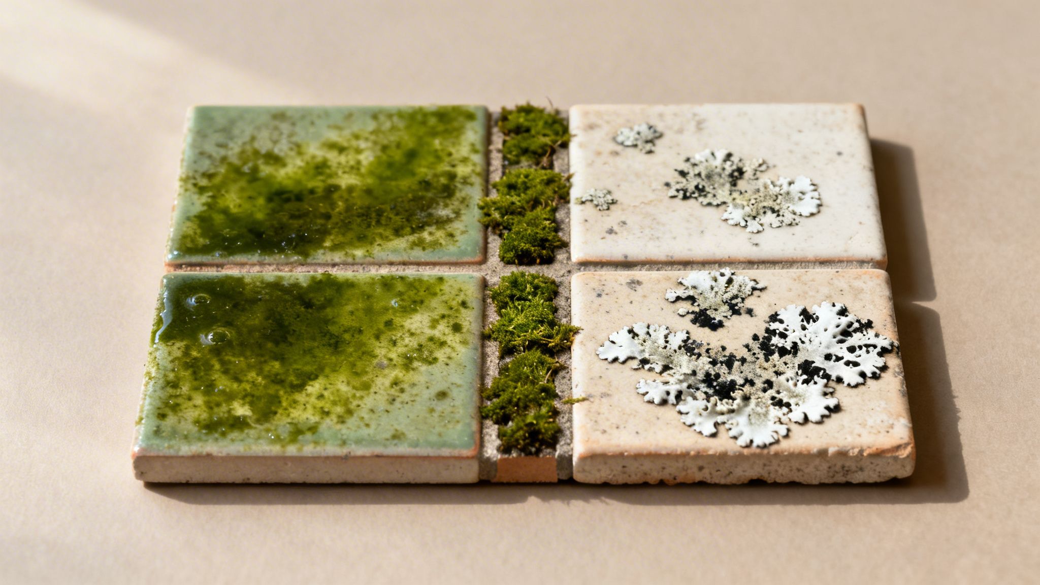 Fire fliser, to med grøn belægning og to med hvide lav, adskilt af mos i midten.