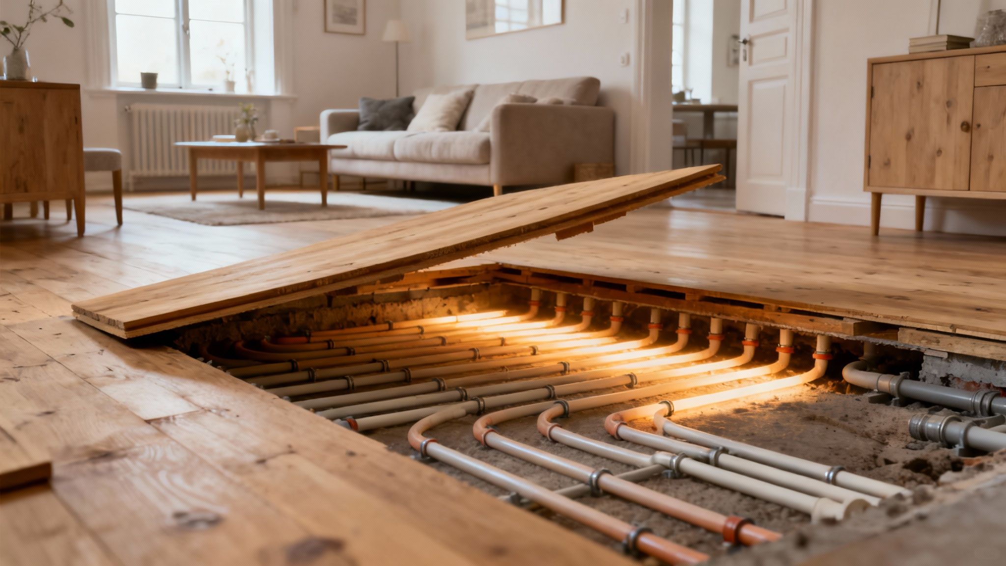 Gulvvarme installation i gang i et ældre hus