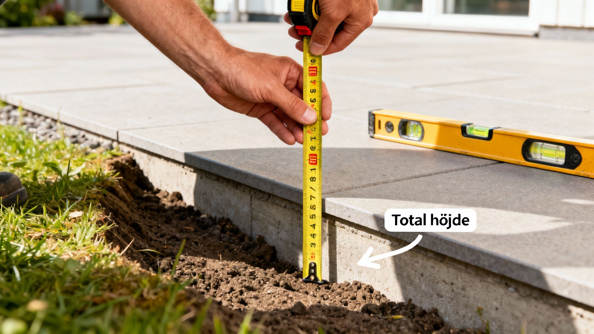 En person måler højden på et terrassetrin med et målebånd. Et vaterpas ses i baggrunden.