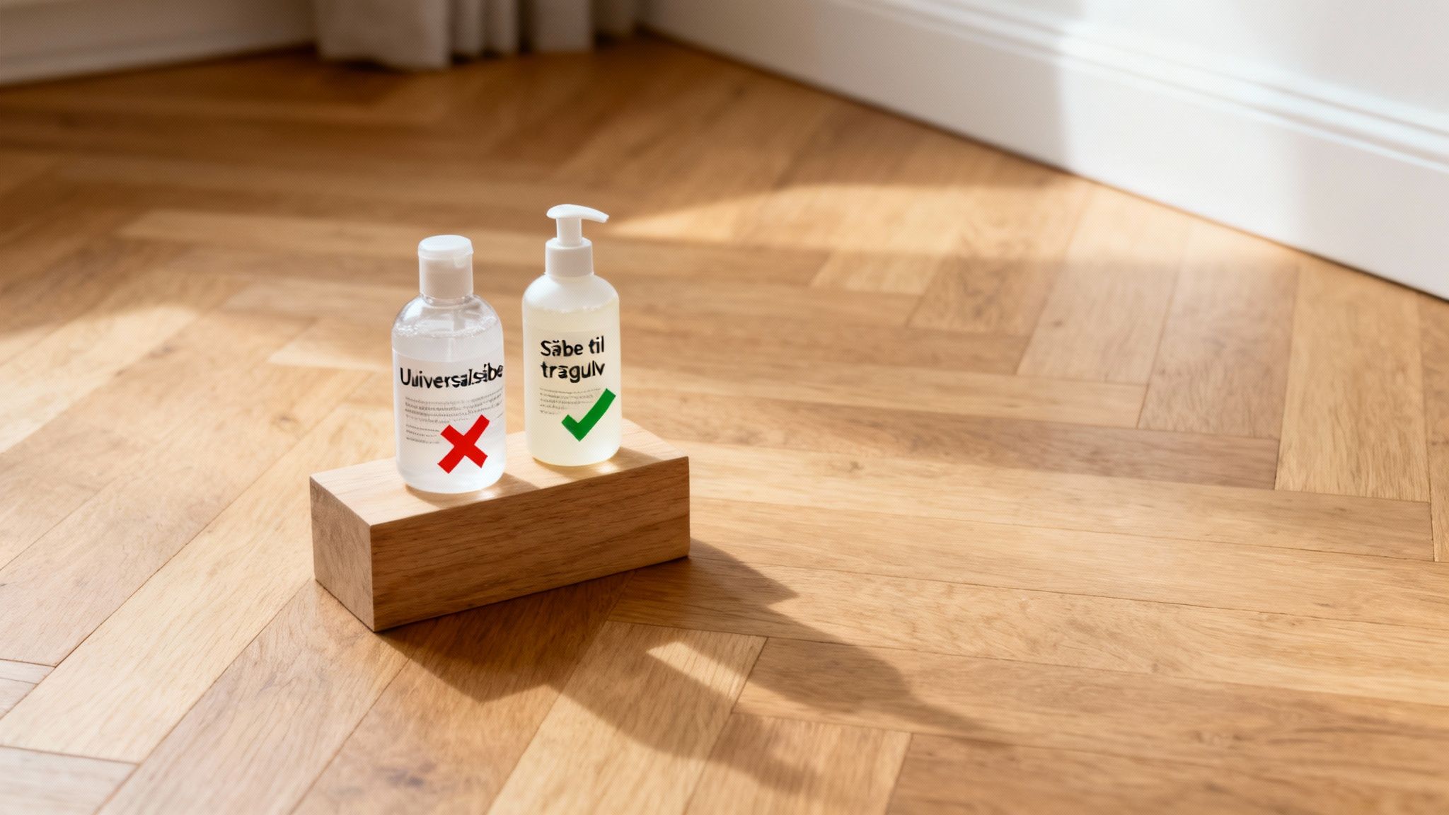 To sæbeflasker på et trægulv. Den ene er universalsæbe (forkert), den anden er specifik sæbe til trægulv (korrekt).