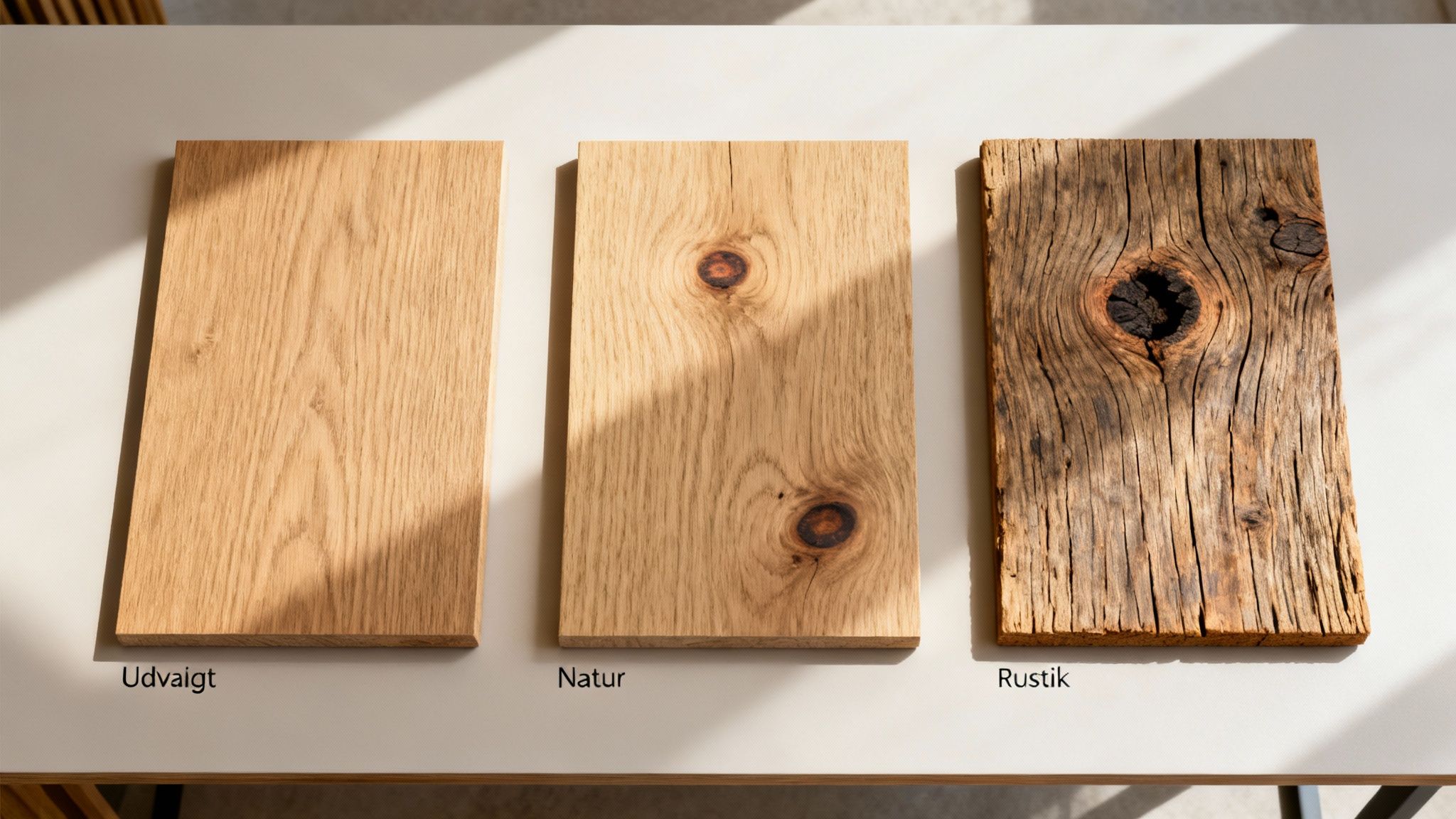 Tre egetræsplanker: udvalgt, natur og rustik finish. Viser træets forskellige udtryk i sollys.