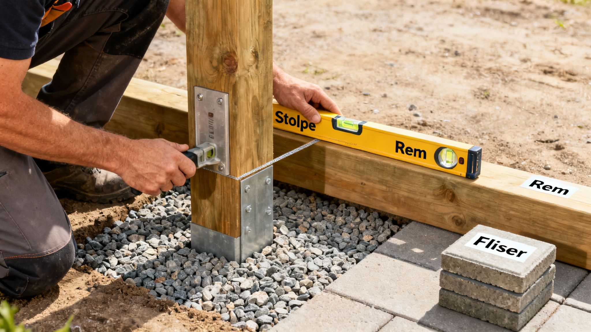 Håndværker måler en træstolpe og -rem med vaterpas ved bygning af en overdækket terrasse.