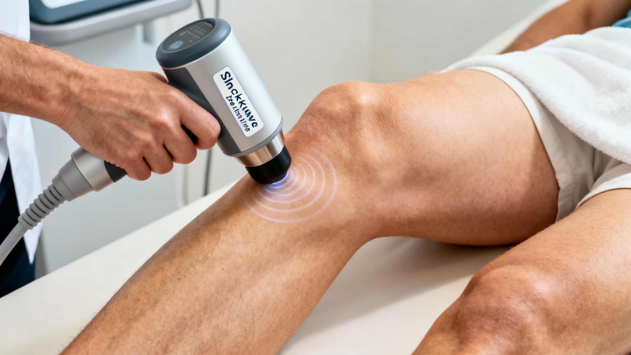 En patients knæ modtager chokbølgebehandling fra et medicinsk apparat, holdt af en terapeut.