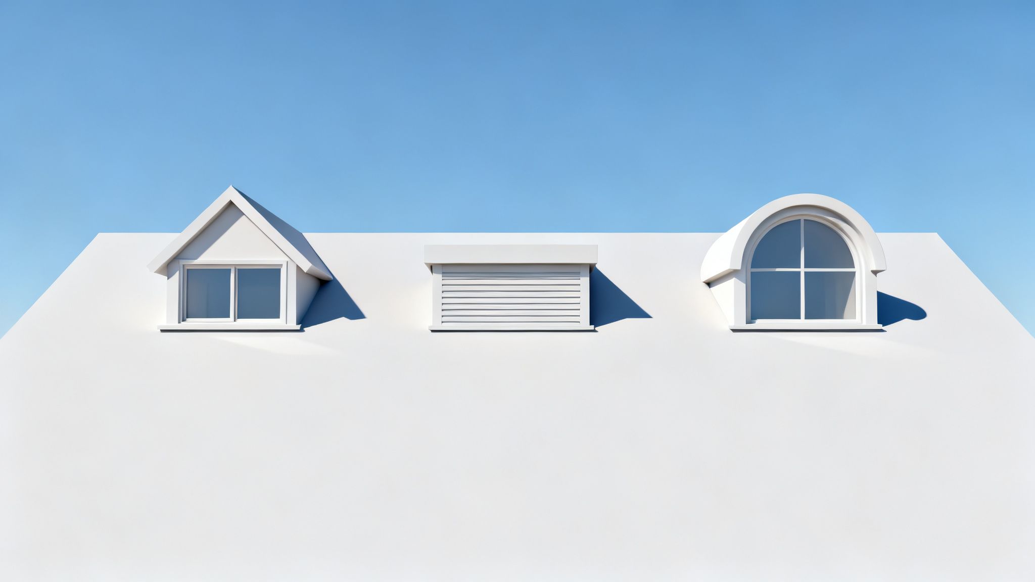 Tre hvide kviste med forskellige former og designs ses på et hvidt tag under en klar blå himmel.