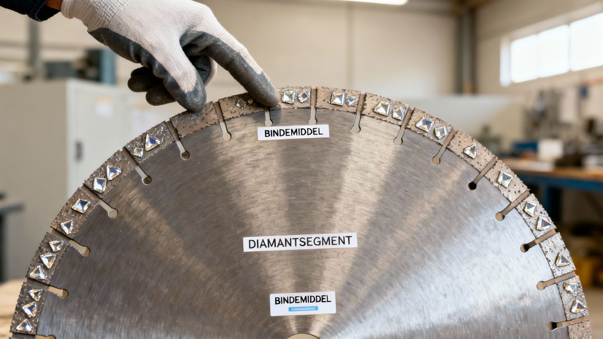 En hånd med handske peger på en stor diamantsavklinge, der viser dens forskellige komponenter med mærkater.