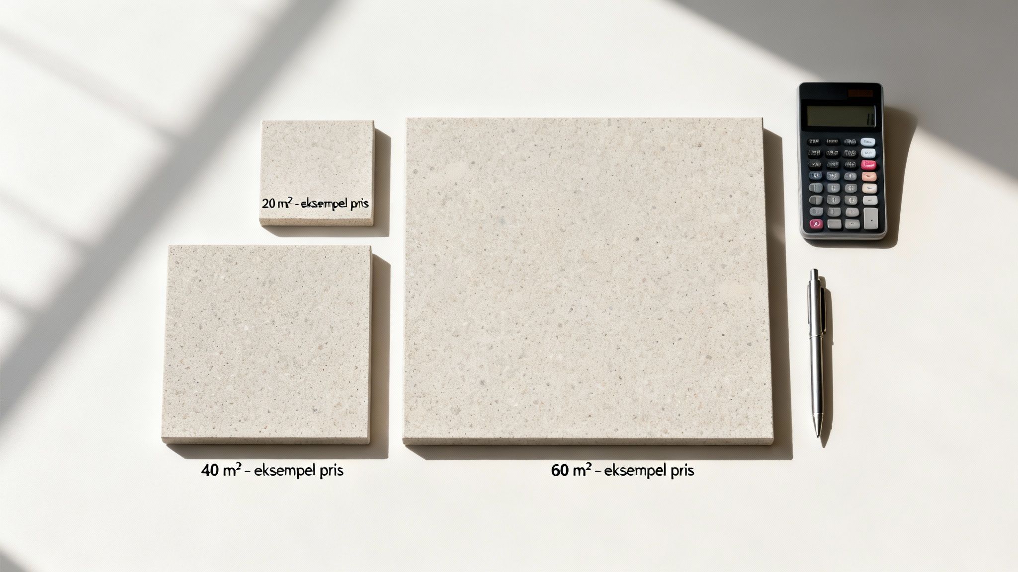Tre fliseprøver med forskellige arealangivelser og eksempelpriser, sammen med en lommeregner og pen.