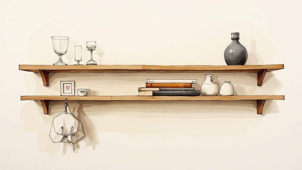 To træreoler med forskellige husholdningsgenstande, herunder bøger, glas og dekorative vaser.