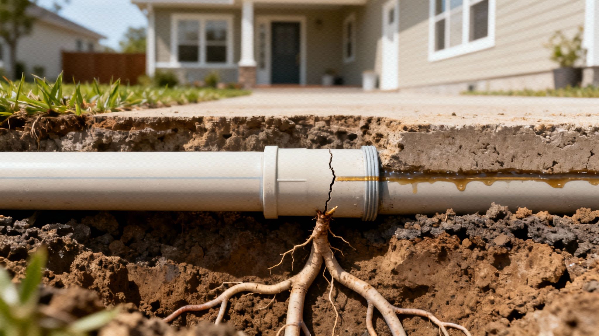 Et revnet kloakrør under jorden lækker væske, mens trærødder trænger ind tæt på et hus.