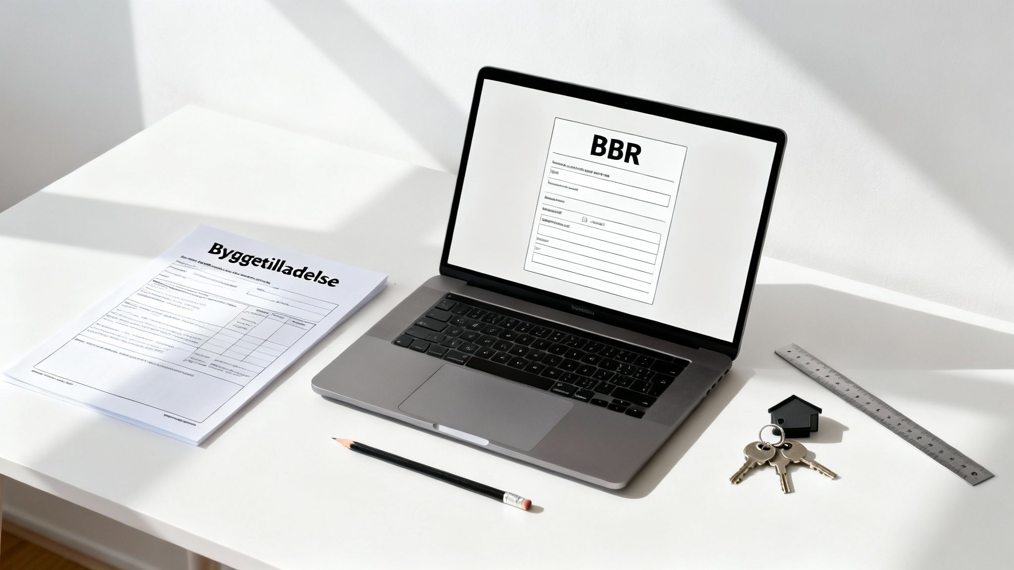 Et skrivebord med en bærbar computer, der viser en BBR-formular, byggetilladelse-dokumenter, nøgler og en lineal.
