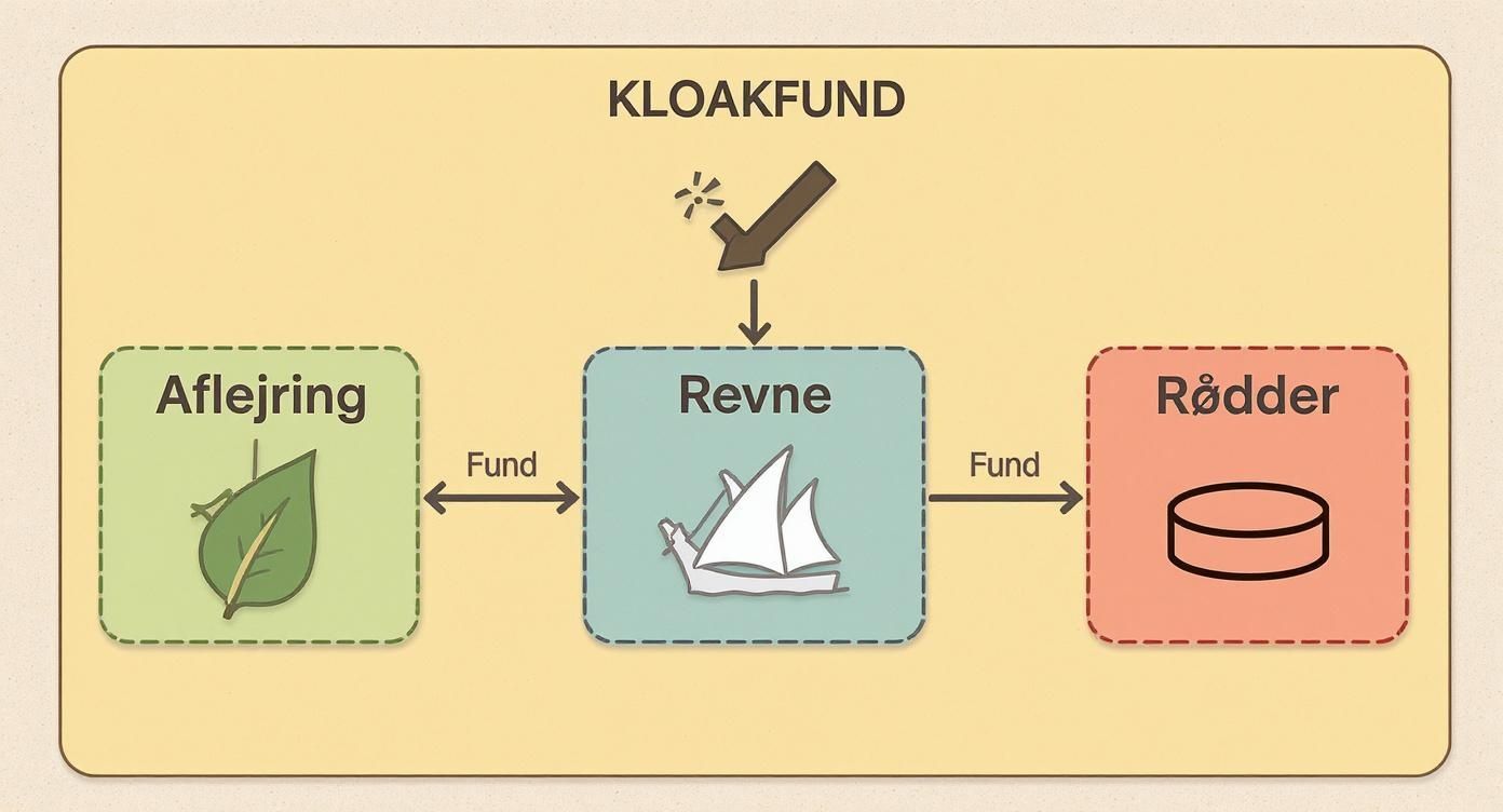 Diagram over kloakfund system med tre kategorier: Aflejring, Revne og Rødder forbundet med fund-pile