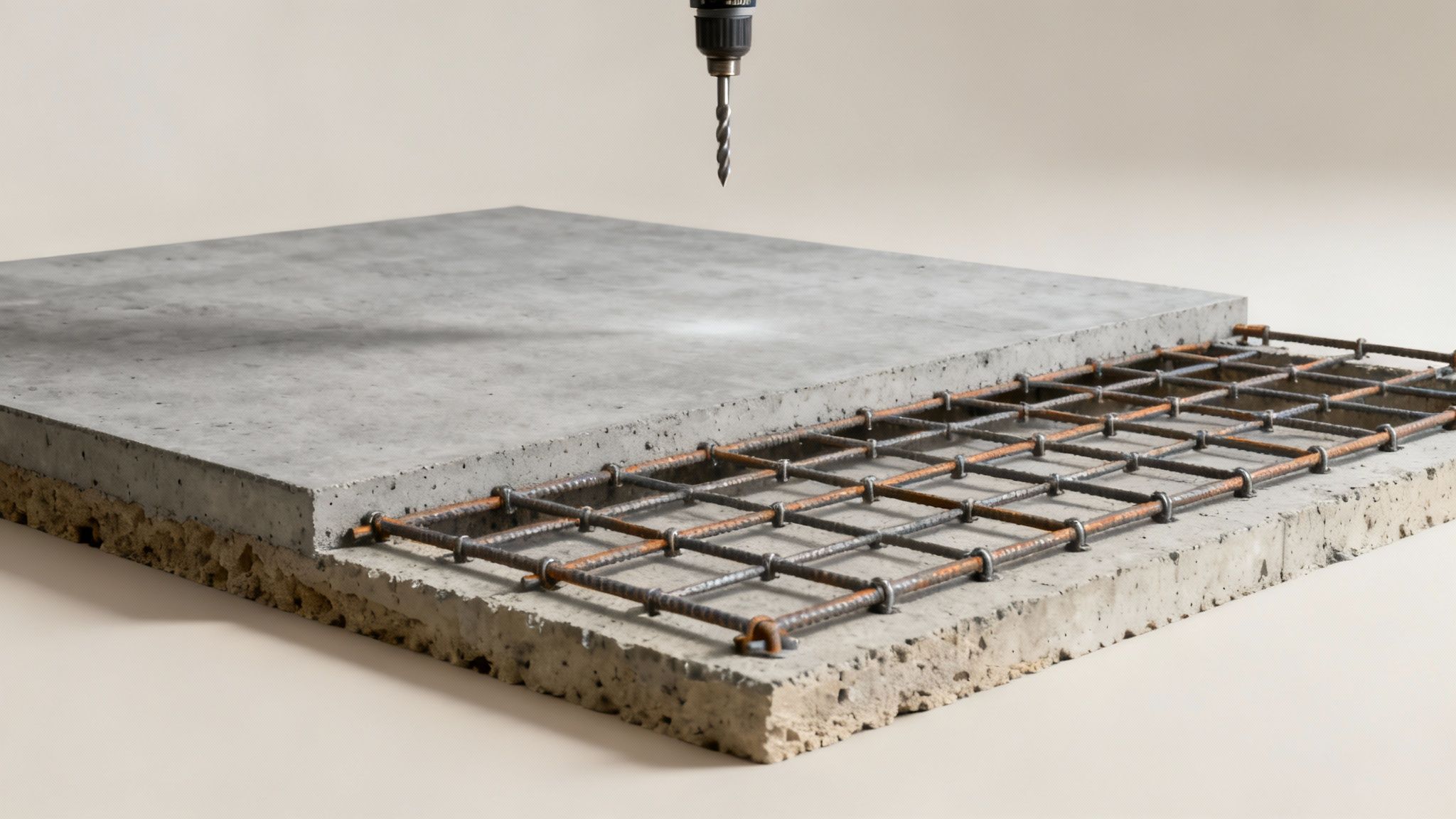 Snitbillede af et betondæk med synlig armering og en boremaskine, der borer i overfladen.