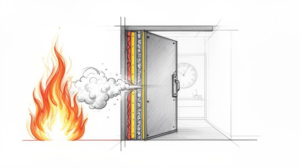 En tegning af en brandhæmmende dør i tværsnit, der stopper flammer og røg fra at trænge ind i et rum.