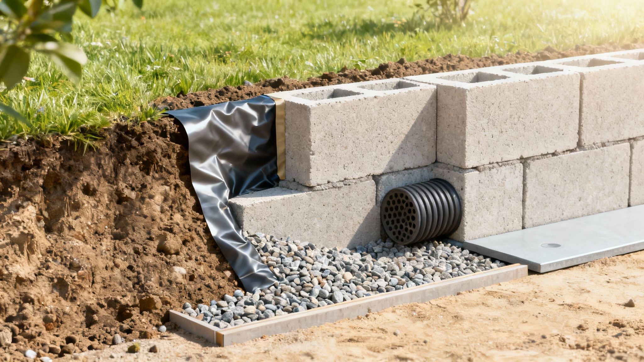 Opbygning af støttemur med lecablokke, dræn, grus og vandtæt membran til jordstabilisering.