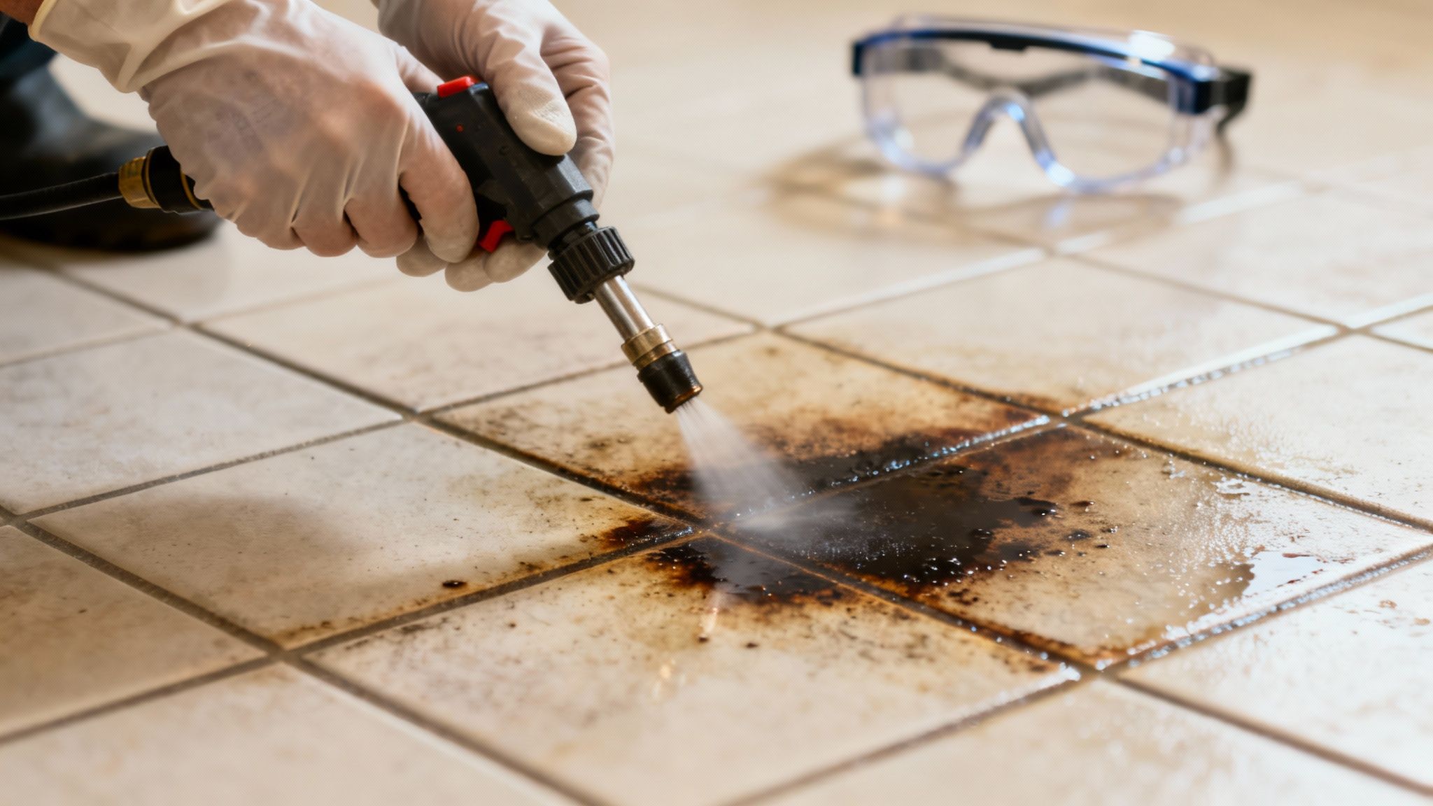 En genstridig olieplet på fliser, der bliver behandlet med et kemisk middel.