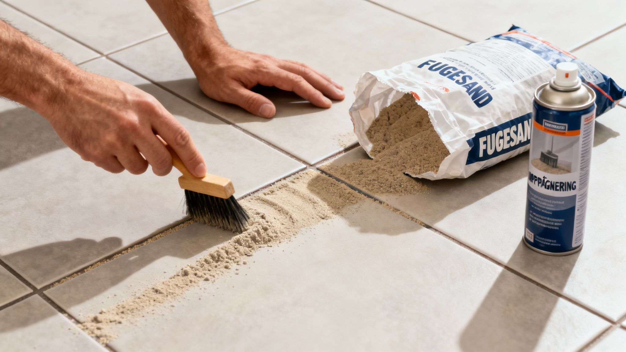 En person fejer fugesand ned mellem fliserne med en børste, klar til imprægnering.