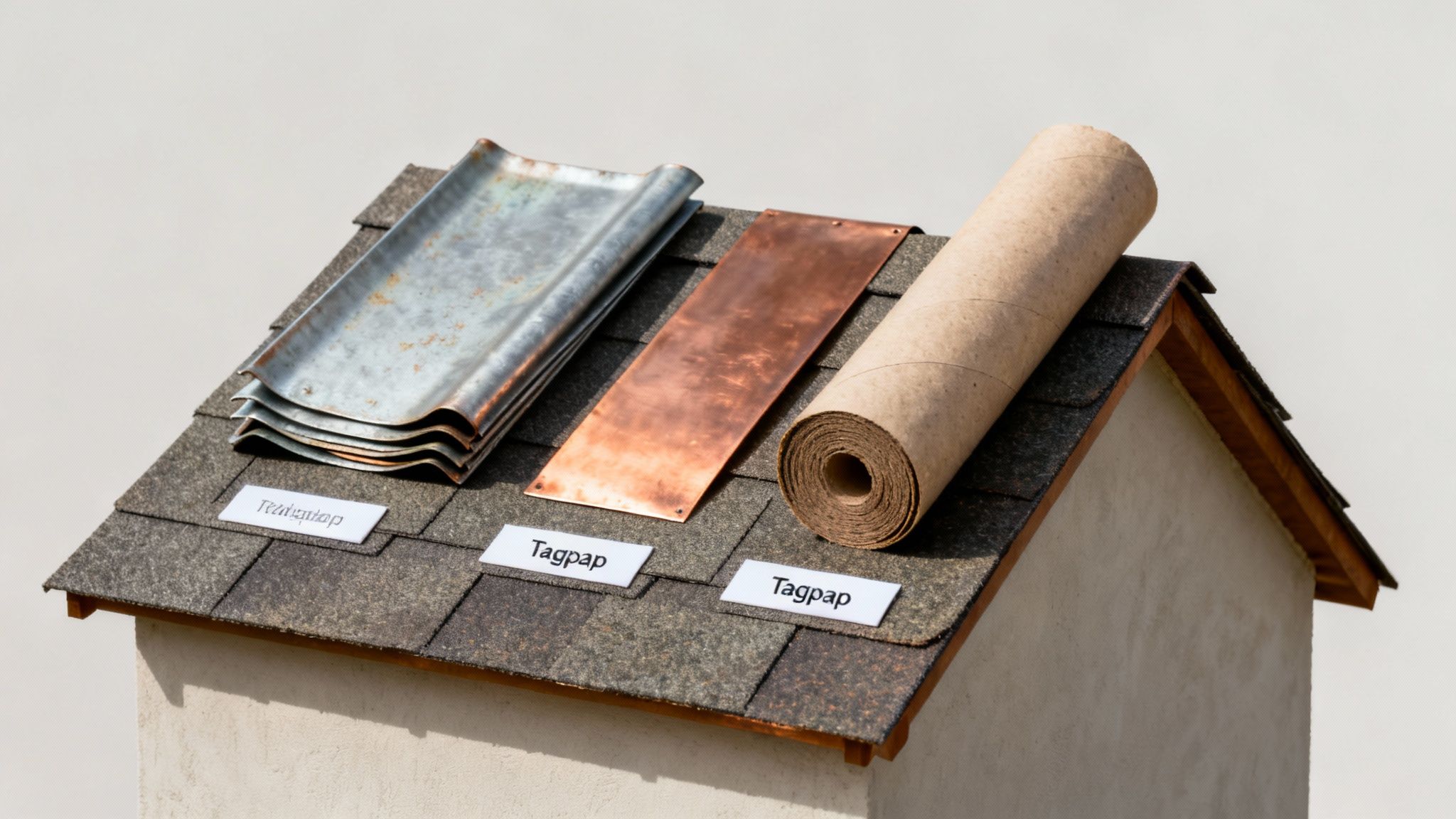 Et miniaturetag med forskellige skotrende materialer: rustikt metal, kobber og en rulle tagpap.