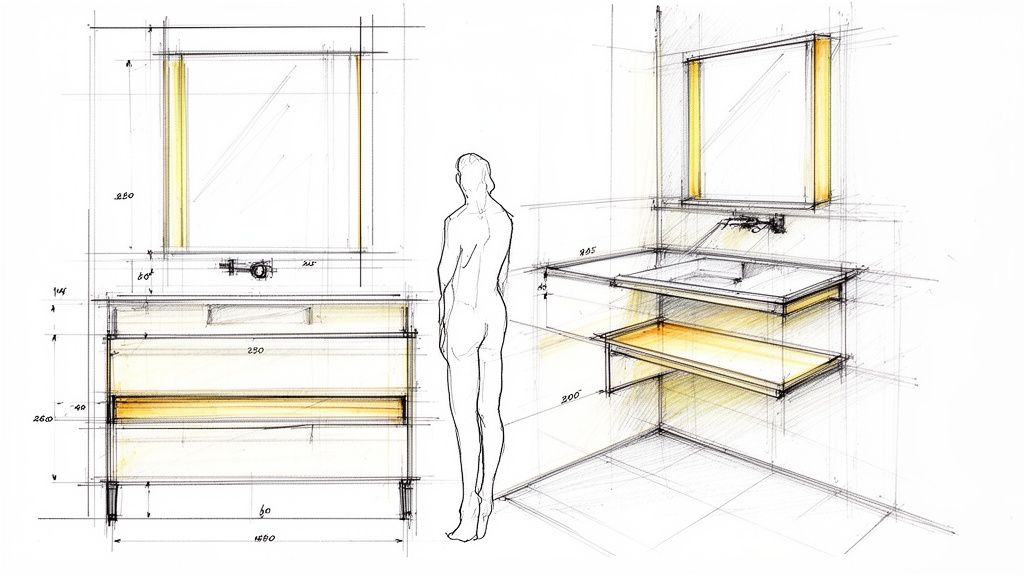 Håndtegnet badeværelsesdesign med elegant vaskemøbel, spejl og tekniske dimensioner.