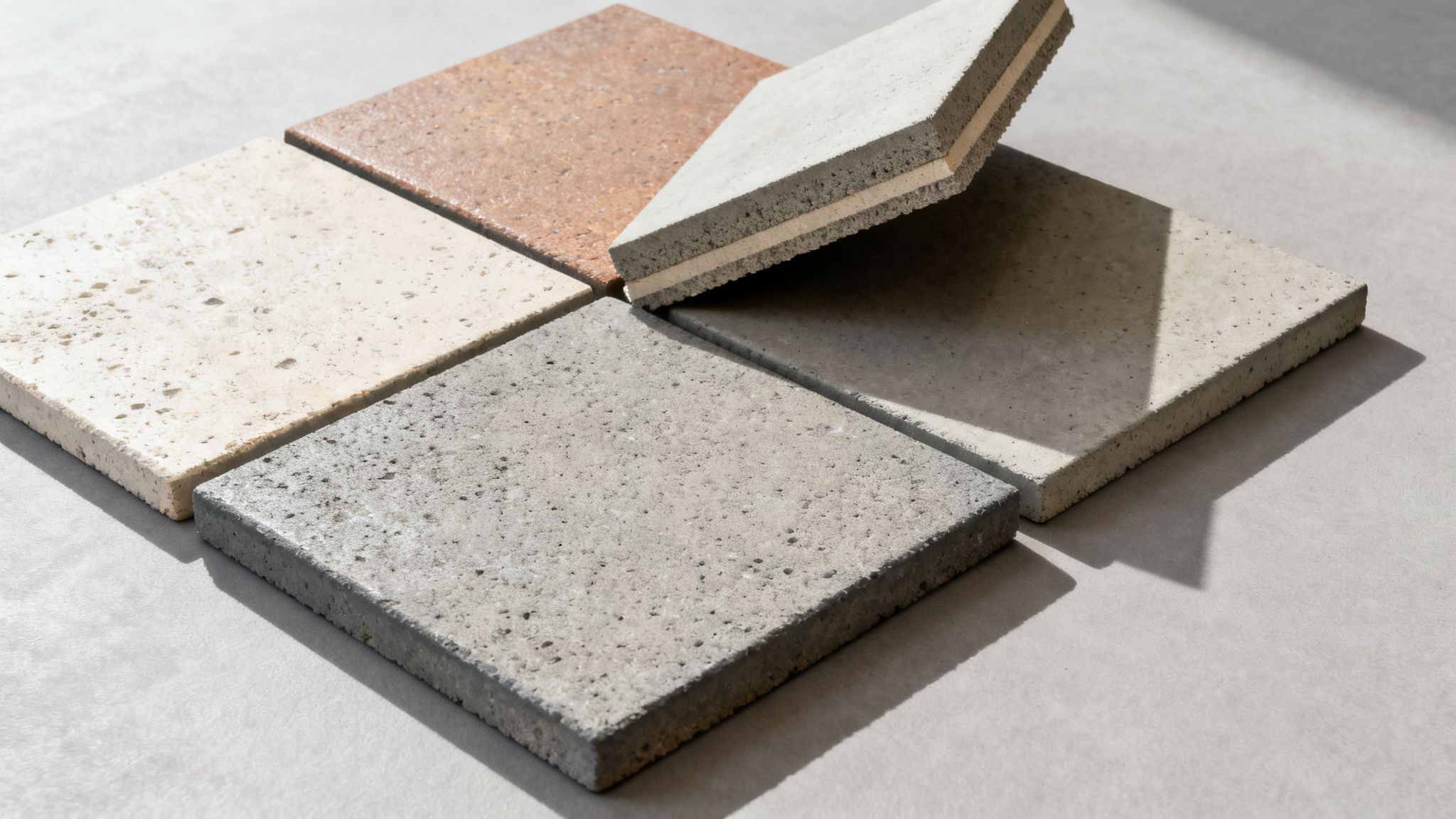 Forskellige betonfliser i nuancer af grå, beige og terracotta, hvor én flise viser sin lagdelte konstruktion.