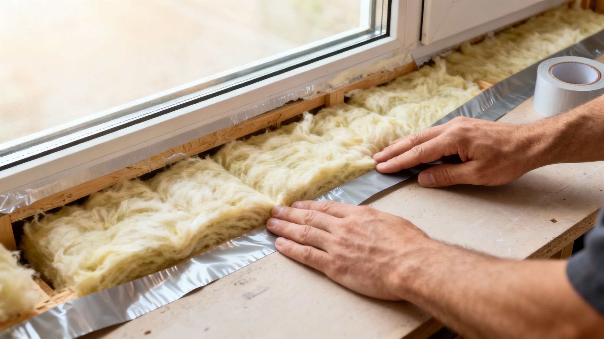 Hænder der påfører sølvfarvet tape for at fastgøre isolering under et vindue.