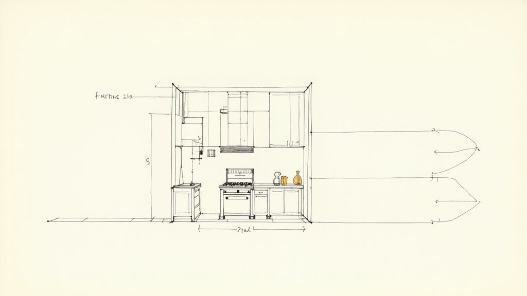 Detaljeret teknisk tegning af et køkken fra 1930'erne med ovn, skabe, vask og mål.
