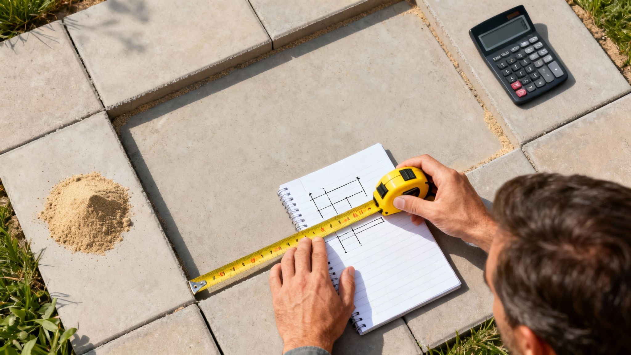 En mand måler med målebånd på en skitse for fliselægning, omgivet af sand, fliser og en lommeregner.