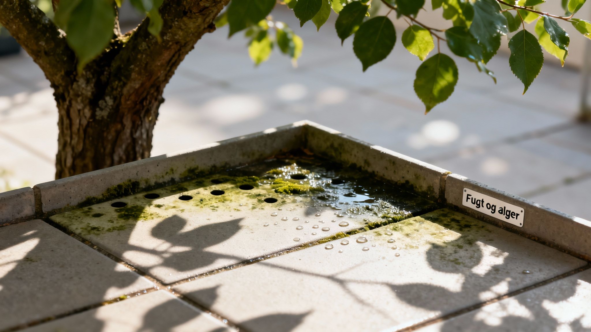 Betonfliser med vand, mos og alger under et træ, med skygger og en informativ tavle.