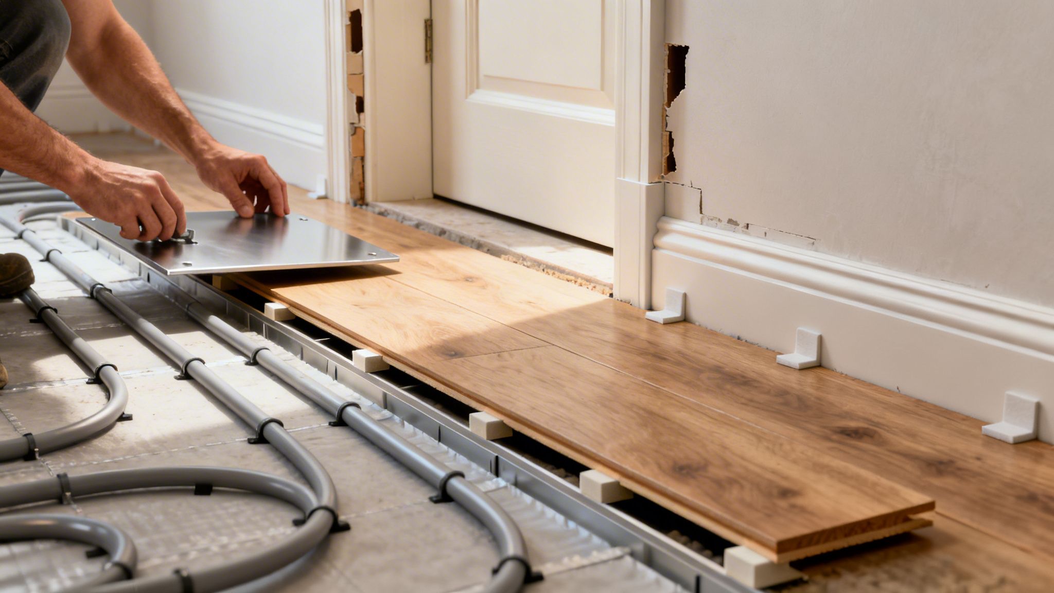 En person lægger et svømmende trægulv over et nyinstalleret gulvvarmesystem i et rum under opbygning.
