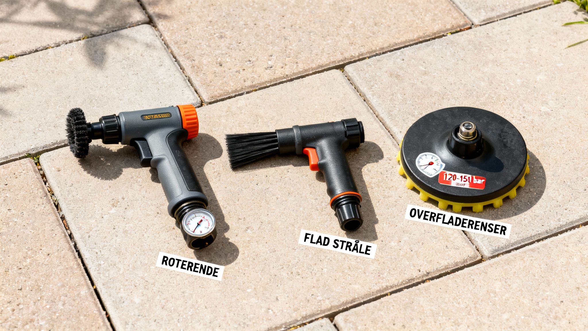 Forskellige tilbehør til højtryksrenser, herunder roterende børste, flad stråle og overfladerenser, på flisebelægning.