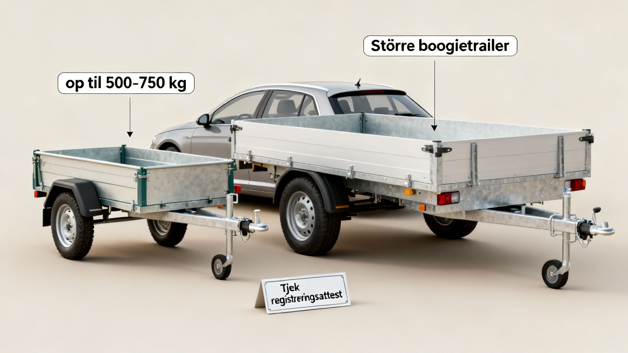 To trailere, en lille enkeltakslet og en stor boogietrailer, der viser forskellige vægtkapaciteter og størrelser.