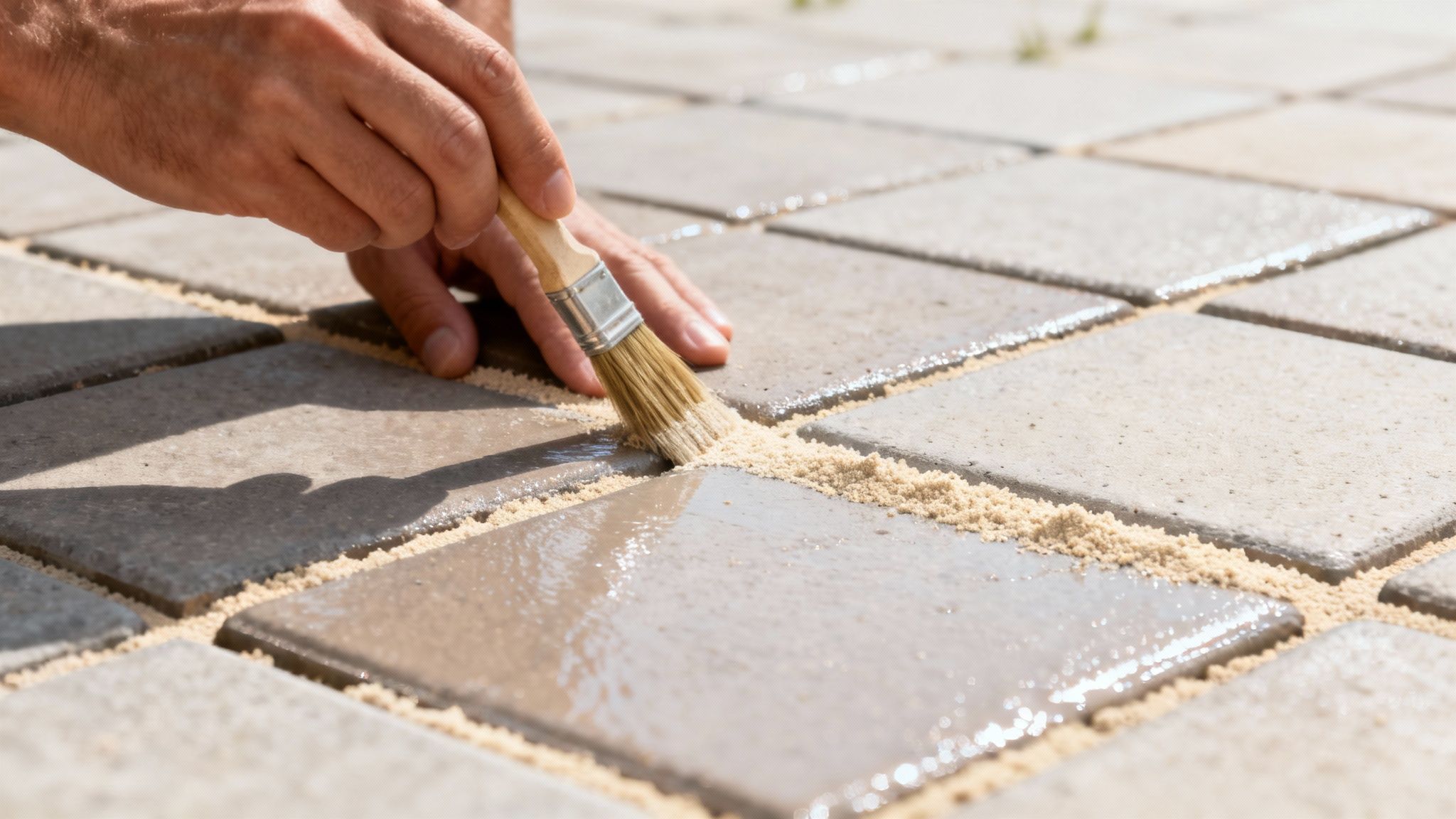 Hånd fejer sand ned i fuger mellem udendørs fliser for at afslutte belægningen.