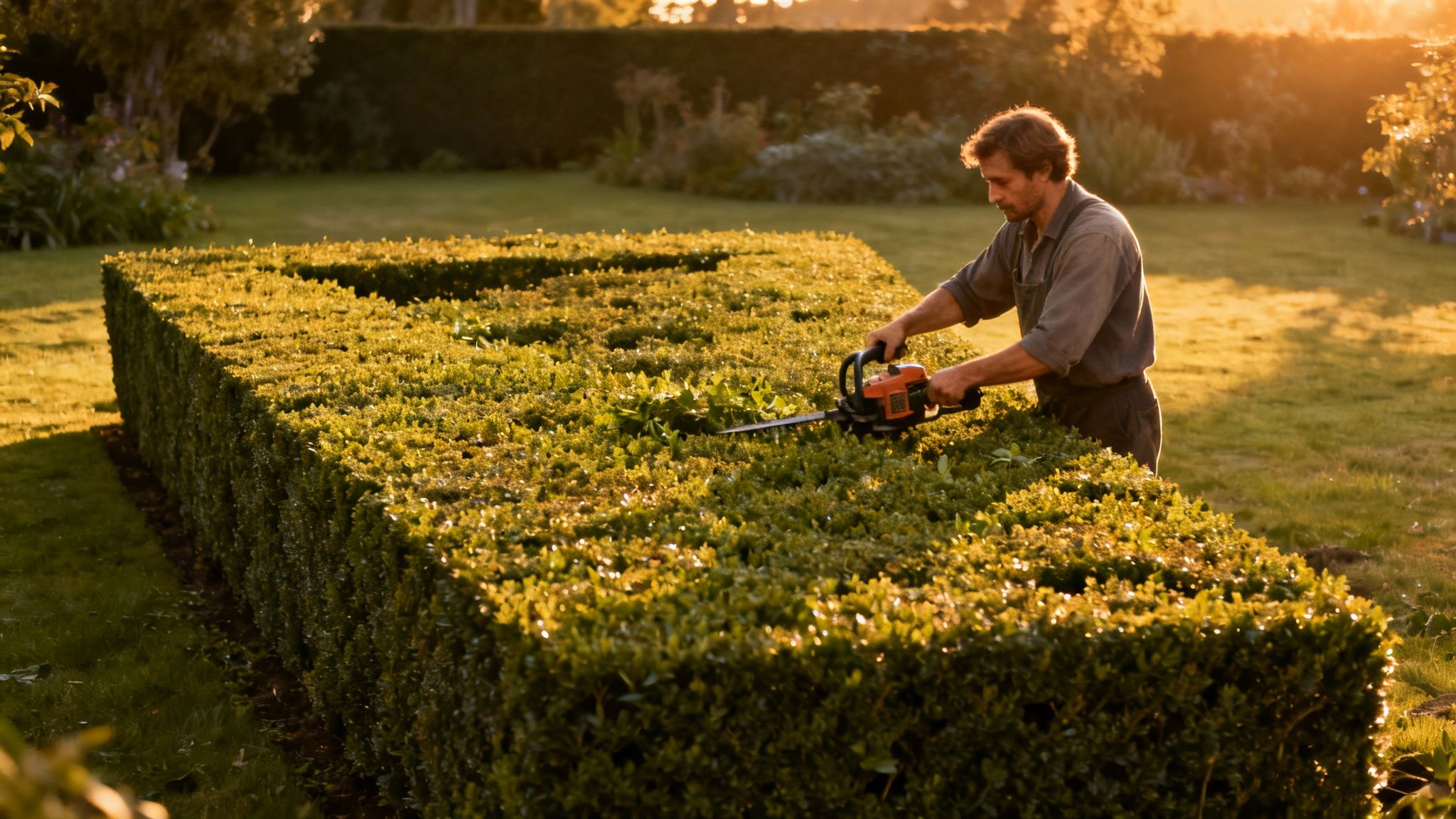 En mand klipper en lang, grøn hæk i en have med en hækkeklipper i smukt aftenlys.