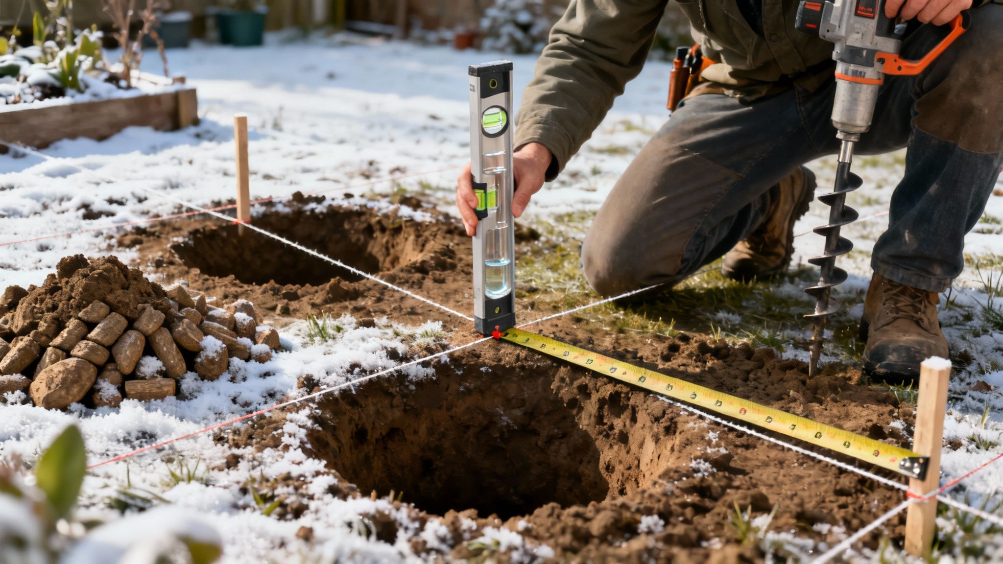Håndværker bruger vaterpas og målebånd til at forberede fundament til skur i haven