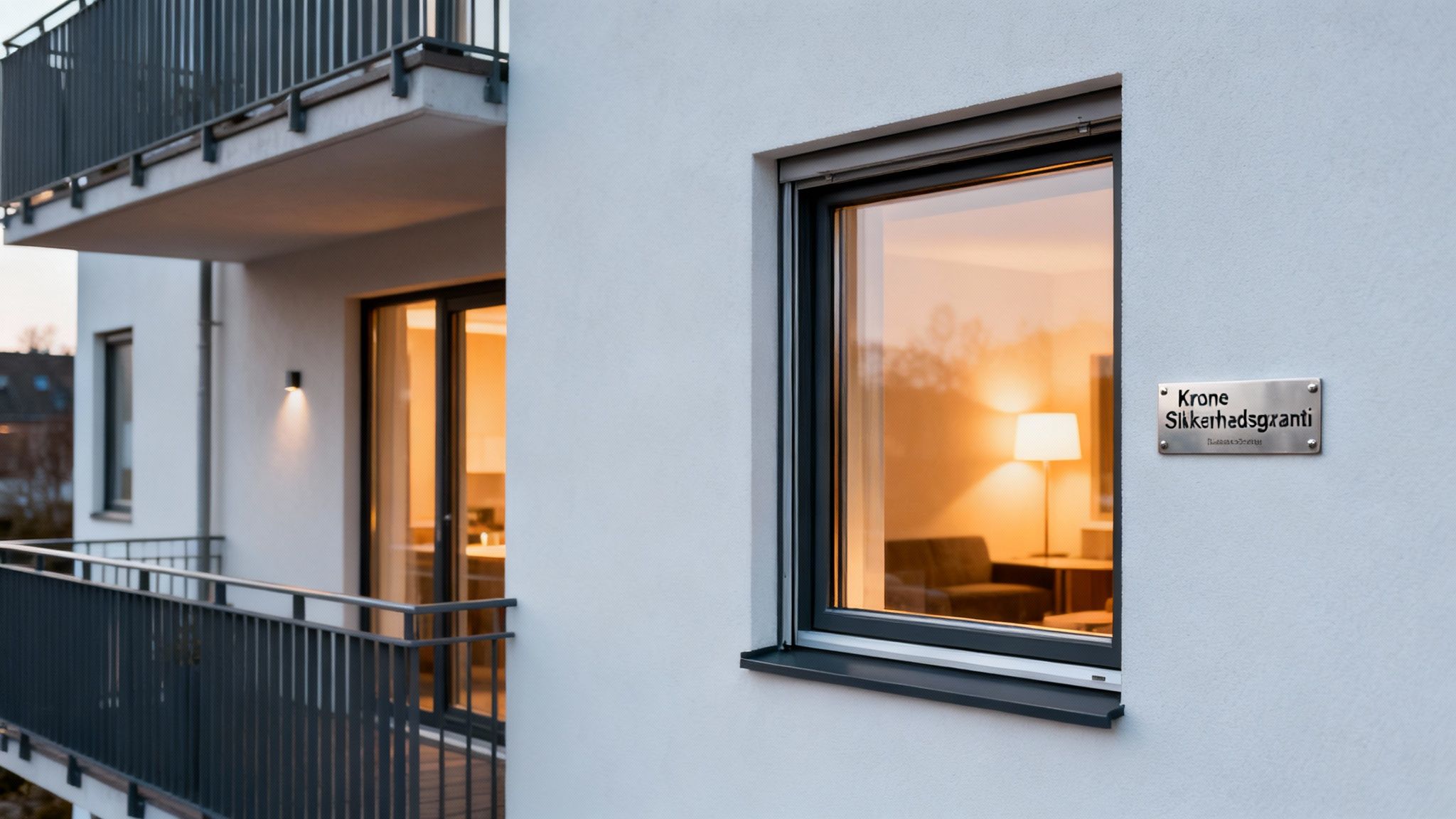 En moderne bygnings facade med altan og oplyst vindue. Et "Krone Sikkerhedsgaranti" skilt er monteret ved vinduet.
