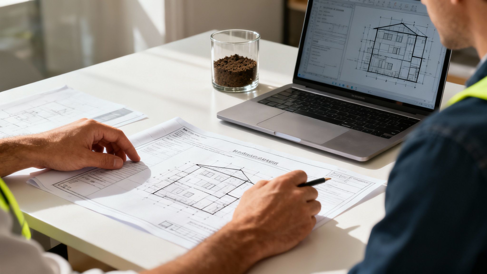 En detaljeret byggeplan og tegninger lagt ud på et bord