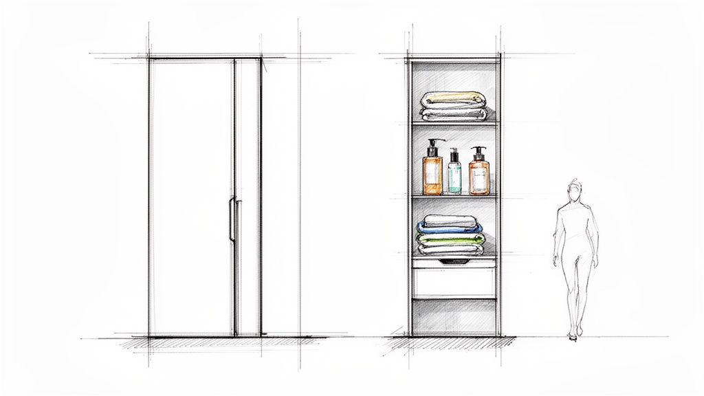 Skitseret badeværelse med smalt skab, håndklæder, flasker og brusekabine.