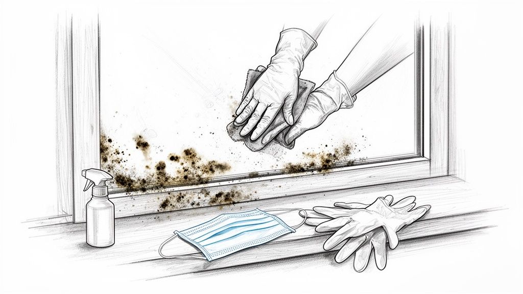Hænder med handsker rengør skimmelsvamp fra et vindue. En sprayflaske og maske ligger på vindueskarmen.